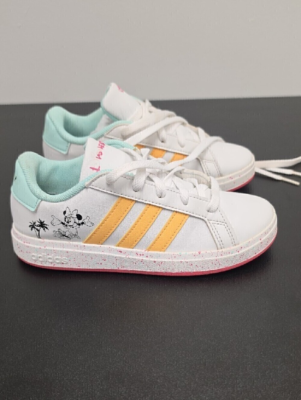 Kids Adidas Disney Logo White Sneakers with Yellow Stripes and Mint Lining - Picture 3 of 6